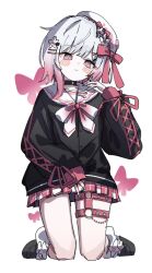  1girl beret black_choker black_shirt black_shoes boots bug butterfly choker closed_mouth commentary_request flower full_body gradient_hair hair_flower hair_ornament hat hat_flower hat_ribbon kneeling lace-up_boots long_sleeves looking_at_viewer loose_socks mahou_shoujo_no_majo_saiban multicolored_hair o-ring o-ring_choker o-ring_thigh_strap official_alternate_costume pink-tinted_eyewear pink_eyes pink_hair plaid_clothes plaid_skirt pleated_skirt red_butterfly ribbon sakuraba_ema shirt shoes short_hair simple_background skirt smile socks solo tama_sakura thigh_strap tinted_eyewear v white_background white_flower white_hair white_hat white_socks x_hair_ornament 