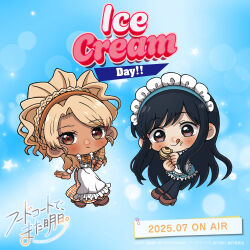  2girls abstract_background apron artist_request black_hair black_pantyhose blonde_hair blue_dress blue_hairband blush bow bowtie braid braided_base brown_eyes brown_shoes chibi chibi_only closed_mouth copyright_logo copyright_name copyright_notice dark-skinned_female dark_skin dress english_text food food_court_de_mata_ashita food_on_face frilled_apron frilled_dress frills full_body gingham_clothes gingham_dress hairband holding holding_ice_cream_cone ice_cream ice_cream_cone licking_lips logo long_dress long_hair long_sidelocks long_sleeves looking_at_viewer maid maid_apron maid_headdress mary_janes multiple_girls official_art orange_bow orange_bowtie orange_dress orange_hairband pantyhose paperclip parted_bangs release_date second-party_source shoes short_dress sidelocks smile star_(symbol) tan tongue tongue_out two-tone_dress very_long_hair wada_(food_court) white_apron white_dress yamamoto_(food_court) 
