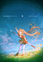  1girl absurdres ahoge armor bike_shorts bike_shorts_under_skirt black_bike_shorts black_shorts bo_staff brown_gloves commentary_request cropped_jacket dandelion eiyuu_densetsu estelle_bright falling_petals fingerless_gloves floating_hair flower full_body gloves gradient_sky hair_between_eyes hair_intakes half-closed_eyes highres holding holding_behind_back holding_staff holding_weapon holding_weapon_behind_back jacket long_hair looking_at_viewer marunage moon narrowed_eyes night open_clothes open_jacket open_mouth outdoors pauldrons petals pointing pointing_up red_eyes red_jacket shoes short_sleeves shorts shorts_under_skirt shoulder_armor single_pauldron sky smile sneakers solo sora_no_kiseki staff standing star_(sky) twintails very_long_hair weapon white_flower white_petals 