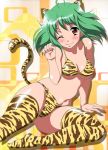  bikini blush cat_pose green_hair kusui_aruta macross macross_frontier navel new_year paw_pose ranka_lee short_hair smile solo swimsuit tail thighhighs tiger_ears tiger_print tiger_tail wink yellow_eyes 