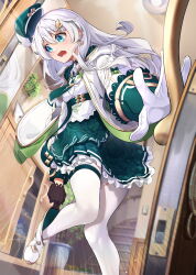  1girl absurdres adjusting_footwear asymmetrical_gloves beret black_gloves blue_eyes blurry blurry_background boots cabinet chinese_commentary commentary_request door dress earrings frilled_dress frills gloves green_necktie green_skirt hair_between_eyes hair_ornament hamanashi_(trapiorra) hat highres honkai_(series) honkai_impact_3rd indoors jacket jewelry long_hair long_sleeves looking_at_mirror mirror mismatched_gloves necktie open_clothes open_jacket open_mouth pantyhose second-party_source shirt skindentation skirt solo stairs theresa_apocalypse theresa_apocalypse_(verdant_sky) thigh_strap white_boots white_dress white_gloves white_hair white_jacket white_pantyhose white_shirt 