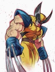  1boy arm_hair beard bodysuit claw_(weapon) commentary english_commentary facial_hair fang kevin_shah male_focus marvel multicolored_bodysuit muscular muscular_male simple_background solo superhero_costume two-tone_bodysuit weapon white_background wolverine_(x-men) x-men yellow_bodysuit 