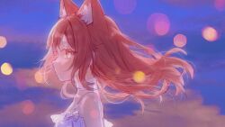  1girl animal_ear_fluff animal_ears bare_shoulders choker closed_mouth commentary cross-shaped_pupils dress extra_ears fox_ears fox_girl highres long_hair looking_at_viewer miyayoki original outdoors portrait profile red_hair ribbon sakura_soyoru_(miyayoki) solo spaghetti_strap symbol-shaped_pupils white_choker white_dress white_ribbon yellow_eyes 