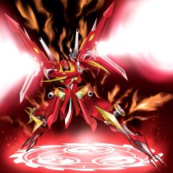  directed-energy_weapon energy_cannon fire firing firing_at_viewer full_body gradient_background granvale green_eyes horns magic magic_circle mecha mecha_focus mechanical_horns no_humans on_magic_circle puspus pyrokinesis robot science_fiction shoulder_cannon simple_background standing standing_on_magic_circle super_robot_wars super_robot_wars_original_generation super_robot_wars_the_lord_of_elemental the_2nd_super_robot_wars_og 