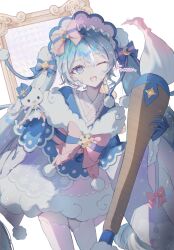  1girl :d ;d blue_eyes blue_gloves blue_hair bonnet bow commentary_request fur-trimmed_kimono fur_trim giant_brush gloves hair_bow hair_ornament hatsune_miku highres holding holding_paintbrush japanese_clothes kimono kumu39_(pixiv98385696) long_hair long_sleeves looking_at_viewer multicolored_hair one_eye_closed paintbrush pink_bow pink_thighhighs smile snowflake_ornament solo sun_hair_ornament thigh-highs twintails vocaloid wide_sleeves yuki_miku yuki_miku_(2023) 