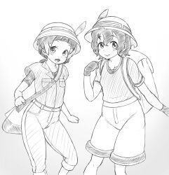  1boy 1girl :d adapted_costume backpack bag braid breast_pocket capri_pants closed_mouth collarbone commentary_request gloves gradient_background hair_between_eyes hat hat_feather helmet highres holding_strap kaban_(kemono_friends) kemono_friends kemono_friends_2 kyururu_(kemono_friends) looking_at_viewer multicolored_hair multiple_girls nekomock open_mouth pants pith_helmet pocket shirt short_hair short_sleeves shorts shoulder_bag smile t-shirt tareme wavy_hair 