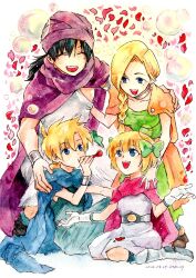  2boys 2girls belt bianca_(dq5) black_hair blonde_hair blue_cape blue_eyes blue_tunic bow bracelet braid brother_and_sister bubble cape cloak closed_eyes dated dragon_quest dragon_quest_v dress earrings falling_petals family father_and_child father_and_daughter father_and_son full_body gloves green_bow green_dress hair_bow hand_on_another's_shoulder hero's_daughter_(dq5) hero's_son_(dq5) hero_(dq5) highres husband_and_wife jewelry long_hair looking_at_another low_ponytail mother_and_child mother_and_daughter mother_and_son multiple_boys multiple_girls neck_ring open_mouth orange_cape parent_and_child petals pink_cape pink_petals ponytail purple_cape purple_cloak purple_turban red_petals sayusabu09 seiza short_hair siblings single_braid sitting smile sphere_earrings traditional_media tunic turban twins white_dress white_gloves white_tunic 