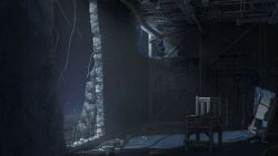  box cable chair crack dark game_asset hentai_prison highres indoors industrial_pipe mikago_kotaro night no_humans non-web_source official_art rubble ruins scenery self-datamine sky visual_novel_cg 