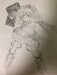  1other androgynous bad_id bad_twitter_id baggy_shorts bare_legs boots closed_mouth clothes_iron collared_socks commentary_request dot_nose full_body graphite_(medium) greyscale hair_between_eyes hair_rollers hairband happy highres holding holding_clothes_iron jandare japanese_clothes kimono knees leg_ribbon legs_apart len'en long_sleeves looking_at_viewer magic monochrome other_focus outstretched_arm ribbon scarf short_hair short_kimono smile socks solo standing traditional_media two-sided_fabric two-sided_sleeves wide_sleeves zuifeng_tenkai 