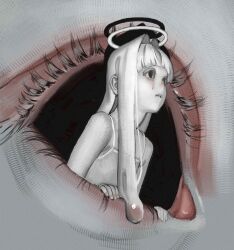  1girl bare_shoulders black_eyes closed_mouth colored_eyelashes colored_skin crying eye_focus eyelashes hair_intakes halo highres hollow_eyes liquid_hair long_hair natari original single_tear spaghetti_strap surreal tears white_hair white_halo white_skin 