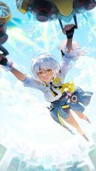  1girl absurdres arms_up asymmetrical_sleeves badge bandaid bandaid_on_leg bike_shorts bird black_bow black_gloves black_ribbon black_shoes black_shorts blue_jacket blush bow breasts building button_badge carole_peppers chinese_commentary cityscape clothes_around_waist clouds cloudy_sky commentary_request dark-skinned_female dark_skin doughnut dove energy fingerless_gloves food frilled_sleeves frills from_below full_body gloves hair_between_eyes highres honkai_(series) honkai_impact_3rd jacket jacket_around_waist long_sleeves looking_at_viewer medium_breasts neck_ribbon open_mouth outdoors pink_bow rafaelaaa ribbon second-party_source shirt shoes short_hair short_shorts short_sleeves shorts sky skyscraper smile solo teeth uneven_sleeves upper_teeth_only white_hair white_shirt yellow_eyes 