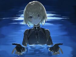  1boy black_bodysuit blonde_hair blue_eyes bodysuit commentary fingerless_gloves freminet_(genshin_impact) genshin_impact gloves i'll_teach_you_everything_(chainsaw_man) looking_at_viewer male_focus moon moon_reflection night pool reflection short_hair skin_tight smile solo upper_body water wet yoko_(nz_g) 