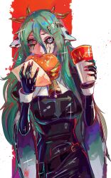  1girl absurdres animal_ears bell black_dress black_gloves black_sclera blue_eyes boutsoftheblind burger coffin_hair_ornament colored_sclera cow_ears cow_girl cow_horns cowbell crelly crelly_(mold_mother) cross-shaped_pupils cup dress drinking_straw eating food gloves green_hair grey_sclera hair_between_eyes heterochromia highres holding holding_burger holding_cup holding_food horns indie_virtual_youtuber long_hair makeup mismatched_pupils mismatched_sclera mold red_eyes runny_makeup simple_background solo symbol-shaped_pupils virtual_youtuber 