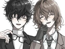  2boys akechi_goro amamiya_ren arm_up black-framed_eyewear black_gloves black_hair black_jacket brown_hair commentary_request glasses gloves grey_jacket hair_between_eyes highres holding holding_removed_eyewear jacket korean_commentary lapels layered_sleeves long_sleeves maengdu_(ma0du) male_focus medium_hair multiple_boys necktie notched_lapels open_clothes open_jacket open_mouth persona persona_5 school_uniform shirt short_hair shuujin_academy_school_uniform simple_background smile striped_clothes striped_necktie teeth turtleneck unworn_eyewear upper_teeth_only wavy_hair white_background white_shirt 