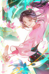  1girl absurdres all_wishes_come_true! black_hair brown_eyes brown_hair chinese_clothes earrings fighting_stance floating_hair flower flower_earrings green_skirt hair_flower hair_ornament hanfu he_xiangu_(all_wishes_come_true!) high_ponytail highres holding holding_string holding_weapon iron_hailai jewelry kuji-in leaf lily_pad long_hair long_sleeves looking_at_viewer lotus lotus_leaf male_focus parted_lips petals pink_flower pink_hanfu ponytail red_sash sash sidelocks skirt smile solo string upper_body weapon white_background wide_sleeves 