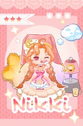  1girl absurdly_long_hair absurdres ahoge bare_shoulders braid brooch brown_hair celestial_whispers_(infinity_nikki) chibi chinese_commentary choker circle cloud_hair_ornament clouds commentary_request copyright_name crescent crescent_hair_ornament cup dot_nose dress drooling four-pointed_star fur-trimmed_dress fur-trimmed_slippers fur_choker fur_trim hair_ornament hair_spread_out hand_on_own_cheek hand_on_own_face hat hat_ornament highres infinity_nikki jewelry lamp light_blush long_dress long_hair low_twin_braids momo_(nikki) mug nightcap nightgown nikki_(series) off-shoulder_dress off_shoulder official_alternate_color on_bed one_eye_closed open_mouth outline parted_bangs pink_background pink_dress pink_hat pink_ribbon pink_slippers pink_wrist_cuffs polka_dot polka_dot_background print_dress puffy_short_sleeves puffy_sleeves ribbon shiyu25809 short_sleeves sleepy slippers solo sparkle standing star-shaped_pillow star_(symbol) star_brooch star_choker star_hat_ornament star_print teardrop tearing_up twin_braids two-tone_wrist_cuffs very_long_hair white_choker white_outline white_wrist_cuffs wrist_cuffs yawning 