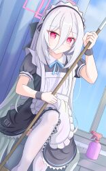  1girl absurdres apron blue_archive bottle broom closed_mouth hair_between_eyes halo highres hoiyiangniu holding holding_broom kei_(blue_archive) leg_up long_hair looking_at_viewer maid maid_apron maid_headdress panties red_eyes solo spray_bottle underwear very_long_hair white_hair white_panties 
