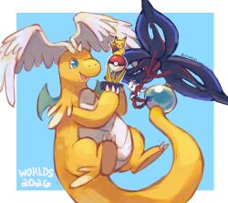  claws colored_skin dietranch dragon dragonite feathered_wings floette floette_(eternal) flower green_eyes head_wings highres holding holding_flower holding_trophy horns mega_dragonite mega_floette mega_pokemon no_humans open_mouth orange_skin pikachu pokemon pokemon_(creature) pokemon_champions pokemon_focus pokemon_world_championships pokemon_world_championships_2026 single_horn smile tail trophy wings 