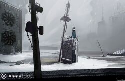  building cold commentary condenser_unit creature creature_focus english_commentary gameplay_mechanics greyscale highres monochrome no_humans no_mouth outdoors owl_(dreamyowl13) pole rain_world scenery signature slugcat snow utility_pole watcher_(rain_world) white_eyes wide_shot 