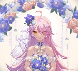  1girl :d absurdres ahoge blurry blurry_background bouquet chinese_commentary commentary_request dress flower hair_flower hair_ornament heterochromia highres holding holding_bouquet honkai_(series) honkai_gakuen looking_at_viewer multicolored_hair open_mouth pink_flower pink_hair pink_rose purple_flower purple_hair rose sanchifenxiaojinyu sin_mal smile solo two-tone_hair violet_eyes wedding_dress white_dress yellow_eyes 