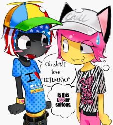2boys :3 :d american_flag black_skin blue_shirt blush_stickers bracelet canihavepromo cat_ears clothes_writing club_penguin english_text fangs hair hat heart looking_at_another multicolored_hair multiple_boys open_mouth pink_hair pink_pants polka_dot polka_dot_shirt propeller_hat roblox scene_fashion short_hair short_sleeves simple_background speech_bubble striped striped_hair studded_belt text white_background yellow_skin