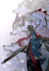  1boy ahoge alyosha_(genshin_impact) animal animal_ears animal_nose artist_name black_fur black_gloves black_pants black_shirt blood blood_on_face blue_jacket blurry blurry_background cape commentary_request cowboy_shot dog dog_ears fake_animal_ears fangs floating_cape floating_clothes floating_hair from_side fur-trimmed_cape fur_trim genshin_impact gloves gradient_background green_hair gun hair_between_eyes hand_up highres holding holding_gun holding_weapon hood hooded_cape husky innagaja jacket korean_commentary male_focus open_mouth pants pet rifle sharp_teeth shirt short_hair signature simple_background sniper_rifle snowing standing teeth turtleneck turtleneck_shirt two-tone_fur weapon white_background white_cape white_fur winter 