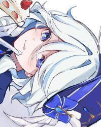  1girl ahoge artist_name blue_eyes blue_gem blue_hair blue_hat blue_jacket blue_pupils blue_shirt blush cake cake_slice closed_mouth colored_inner_hair drill_hair drill_sidelocks drop-shaped_pupils eyelashes food food_on_face fruit furina_(genshin_impact) gem genshin_impact gloves hair_between_eyes hand_up haru_sakura3915 hat hat_ornament heterochromia highres holding holding_cake holding_food huge_ahoge icing index_finger_raised jacket jewelry licking_lips looking_at_viewer mismatched_pupils multicolored_hair pendant shirt short_hair sidelocks simple_background smile solo strawberry symbol-shaped_pupils tongue tongue_out top_hat wavy_hair white_background white_gloves white_hair 