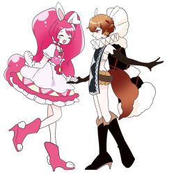  2girls animal_ears black_boots boots bow brown_cloak choker cloak cure_whip dress earrings elbow_gloves feather_hair_ornament feathers frills full_body generalpukin gloves hair_ornament handshake highres jewelry kirakira_precure_a_la_mode long_hair magical_girl mahou_shoujo_ikusei_keikaku mahou_shoujo_ikusei_keikaku_limited multiple_girls neck_ruff open_mouth orange_hair pink_eyes pink_hair pom_pom_(clothes) pom_pom_earrings precure puffy_sleeves pukin rabbit_ears short_hair smile strapless tube_top white_gloves 
