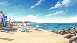  beach beach_umbrella blue_sky boat chair clouds day folding_chair game_asset hentai_prison highres horizon mikago_kotaro no_humans non-web_source ocean official_art outdoors parasol rock sand scenery self-datamine shadow shore sky tree umbrella variant_set visual_novel_cg water watercraft 