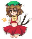 bad_id brown_eyes brown_hair c6mystic cat_ears cat_tail chen earrings fang hat jewelry midriff multiple_tails paw_print short_hair tail touhou 