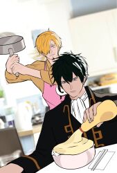  2boys absurdres apron black_hair blonde_hair crossover curly_eyebrows denjz facial_hair gintama goatee hair_over_one_eye highres hijikata_toushirou male_focus mayonnaise multiple_boys mustache_stubble one_piece pink_apron sanji_(one_piece) shinsengumi_(gintama) stubble 