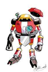  absurdres arm_cannon clenched_hand e-102_gamma energy_gun full_body gun highres holding holding_gun holding_weapon jat0_art mecha no_humans robot science_fiction simple_background solo sonic_(series) standing twitter_username weapon white_background yellow_eyes 