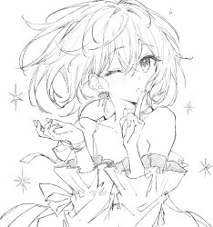  1girl :o bare_shoulders blush character_request collarbone copyright_request earrings floating_hair greyscale hands_up hatching_(texture) ichikawa_haru index_finger_raised jewelry linear_hatching long_sleeves looking_at_viewer medium_hair monochrome one_eye_closed parted_lips ribbon ribbon_earrings simple_background sketch sleeveless solo sparkle strap upper_body white_background wrist_ribbon 