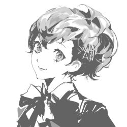  1girl from_side hair_between_eyes hair_bun hair_ornament hairclip head_tilt leaning_forward lipstick looking_at_viewer makeup persona persona_3 persona_3_portable ribbon san_mu_shao shiomi_kotone short_hair simple_background smile upper_body white_background 