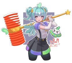  >_< 1girl aqua_hair black_skirt braid bridal_gauntlets double_bun green_pupils hair_bun hair_ornament hammer highres holding holding_hammer indie_virtual_youtuber kin_mirai looking_at_viewer multicolored_hair open_mouth piapi_ufo piapi_ufo_(1.0) purple_streaks shirt skirt slime_on_head solo star-shaped_pupils star_(symbol) star_hair_ornament streaked_hair suspender_skirt suspenders symbol-shaped_pupils twin_braids ufo violet_eyes virtual_youtuber white_background white_bridal_gauntlets white_shirt wings 