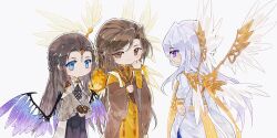  3boys arm_guards arms_at_sides bell_sleeves black_hair black_robe blue_eyes braid brown_eyes brown_hair brown_hanfu brown_robe cael_anselm cael_anselm_(deimortem_era) cape chinese_commentary closed_mouth commentary_request crossover curtained_hair deformed expressionless feathered_wings forehead_jewel gem grey_sleeves gujian_qitan_(series) hair_between_eyes half_up_braid hand_to_own_mouth hand_up highres insect_wings long_hair long_hair_between_eyes long_sleeves lovebrush_chronicles male_focus mechanical_wings multiple_boys no_mouth ouyang_shaogong parted_bangs profile purple_wings red_gem robe sash scarf simple_background smile standing stole swept_bangs trait_connection two-tone_hanfu v_arms very_long_hair violet_eyes waist_sash white_background white_cape white_hair white_robe white_wings wide_sleeves wings xue_ezi yellow_hanfu yellow_robe yellow_sash yellow_scarf yellow_wings yun_wuyue_(gujian_qitan) 