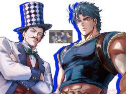 2boys argyle_clothes argyle_hat black_hair black_hat blue_hair blue_shirt bow bowtie facial_hair hat hat_tip highres jojo_no_kimyou_na_bouken jonathan_joestar male_focus minu25252 multiple_boys muscular muscular_male mustache phantom_blood serious shirt suit top_hat will_anthonio_zeppeli 