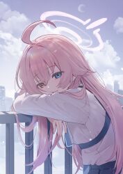  1girl against_railing ahoge arm_rest blue_archive blue_eyes blue_necktie blue_sky cheek_squash chest_harness clouds commentary_request crescent_moon elvn from_side halo harness head_on_arm heterochromia highres hoshino_(blue_archive) long_hair looking_at_viewer looking_to_the_side moon necktie orange_eyes outdoors pink_hair pink_halo railing sky solo upper_body very_long_hair 