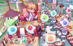 1girl 6+boys bar_stool blonde_hair blue_eyes burger cafe calilo chef_hat clock coffee coffee_pot commentary counter cup dress earrings eating elbow_gloves english_commentary fast_food food french_fries gloves hat highres hime_lolita hot_dog ice_cream indoors jewelry lamp lolita_fashion long_hair mug multiple_boys pancake pink_dress pizza plate ponytail princess_peach puffy_short_sleeves puffy_sleeves restaurant sandwich short_sleeves sitting soda sphere_earrings stool super_mario_bros. super_mario_bros._1 table teacup toad_(mario) tray window_blinds yoshi
