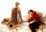  axis_powers_hetalia barefoot bed brown_hair china_(hetalia) coat flower hand_holding holding_hands lying male multiple_boys pillow russia_(hetalia) sanbonzakura scarf silver_hair sleeping sunflower yaoi 