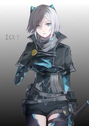  1girl absurdres badge belt_pouch black_bodysuit black_jacket blue_eyes blue_gloves bodysuit button_badge character_name chinese_commentary commentary_request cropped_jacket gloves gradient_background grey_background grey_scarf hair_ornament hand_on_own_chest highres icey icey_(game) jacket neon_trim parted_lips pouch scarf short_hair simple_background smiley_face sword weapon white_hair woshidaguai 