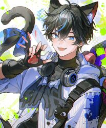  1boy :d abstract_background animal_ear_fluff animal_ears black_gloves black_shirt blue_eyes blue_streaks cat_boy cat_charm cat_ears cat_tail chain chain_necklace commentary_request cross cross_necklace curled_fingers earrings fang fingerless_gloves fingernails gloves hand_up headphones headphones_around_neck high_collar highres hood hood_down hooded_jacket jacket jewelry kemonomimi_mode kuro_(undays) looking_at_viewer male_focus multicolored_hair necklace partially_unzipped paw_print ribbon rimga1616 shirt skateboard smile solo streaked_hair tail tail_ornament tail_ribbon tsurime undays upper_body utaite virtual_youtuber white_jacket zipper_pull_tab 
