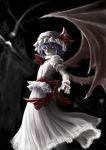  creepy dress epic fang frills glowing_eye hat highres mbby pale_skin pointing purple_hair red_eyes remilia_scarlet short_hair solo touhou wings 