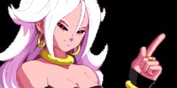 1girl android_21 animated animated_gif black_fingernails black_sclera black_tube_top cleavage detached_sleeves dragon_ball dragon_ball_super elbow_gloves hoop_earrings jewelry long_hair majin_android_21 pink_hair pink_skin red_eyes tubetop white_pants