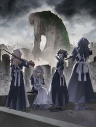  4girls absurdres apron assault_rifle black_dress black_hair blonde_hair brown_eyes brown_streaks city cleaning_eyewear commentary_request dress frilled_apron frills giant giant_monster glasses grey_eyes grey_streaks gun highres holding holding_gun holding_unworn_eyewear holding_weapon lever_action long_dress long_hair maid maid_apron maid_headdress monster multicolored_hair multiple_girls on_rooftop open_mouth orange_streaks original outdoors overcast pointing rice_(okome_no_naru_ki) rifle short_hair sitting sky standing streaked_hair weapon weapon_request white_apron 