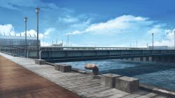  blue_sky boat bridge clouds cloudy_sky day game_asset hentai_prison highres lamppost mikago_kotaro no_humans non-web_source ocean official_art outdoors scenery self-datamine sky variant_set visual_novel_cg water watercraft 