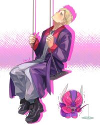  1boy 1natsu_(8_12ym) black_shoes blonde_hair chibi chibi_inset dual_persona fishing fishing_rod holding holding_fishing_rod kamen_rider kamen_rider_dawn kamen_rider_zeztz_(series) looking_up male_focus on_swing pajamas pout purple_robe robe shoes short_hair sieg_(kamen_rider_zeztz) swing tears tokusatsu trembling white_pajamas 