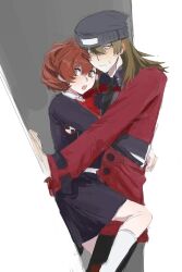  1boy 1girl ankle_socks aragaki_shinjirou beanie black_collar black_hat black_pants black_skirt brown_eyes brown_hair buttons cavalier_hat coat collar collared_shirt commentary from_side frown gekkoukan_high_school_uniform geng_you_shen_zhu grey_background hair_between_eyes hair_bun hand_on_wall hat head_on_head head_rest head_tilt highres hug knee_up leaning_on_person long_sleeves looking_at_viewer looking_to_the_side medium_hair open_mouth outstretched_arm pants parted_lips persona persona_3 persona_3_portable red_coat red_ribbon ribbon school_uniform shiomi_kotone shirt short_hair simple_background sketch skirt socks surprised sweatdrop trapped upper_body white_background 