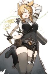  1girl ^_^ animal_ears arknights arm_up black_boots black_gloves black_shorts black_vest blonde_hair blush boots braid breasts closed_eyes collared_shirt commentary_request ear_ornament gloves grey_thighhighs highres kroos_(arknights) kroos_the_keen_glint_(arknights) large_breasts long_hair official_alternate_costume open_mouth rabbit_ears rabbit_girl shirt shorts simple_background single_glove skindentation solo teeth thigh-highs udonpasta123 upper_teeth_only v very_long_hair vest white_background white_shirt 