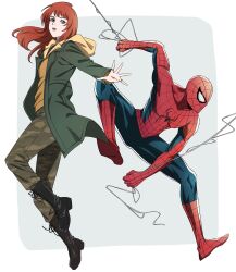  1boy 1girl animal_print blue_bodysuit blue_eyes bodysuit highres jean_grey long_hair looking_at_viewer marvel multicolored_bodysuit red_hair spider-man spider-man:_brand_new_day spider-man_(series) spider_print superhero_costume two-tone_bodysuit weibinln x-men 